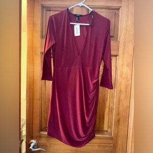 NWT Forever 21 deep v neck side ruched Bodycon Mini Dress Maroon size large
